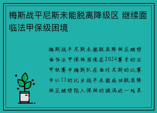 梅斯战平尼斯未能脱离降级区 继续面临法甲保级困境