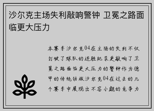 沙尔克主场失利敲响警钟 卫冕之路面临更大压力