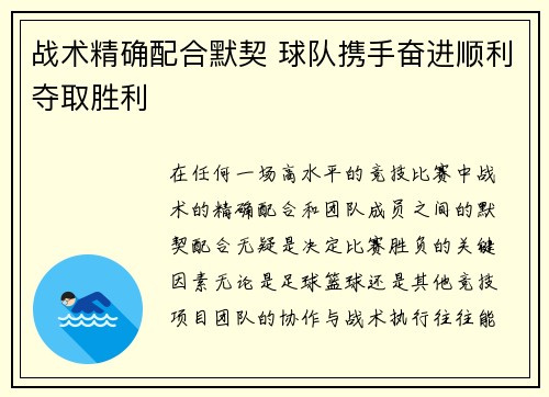 战术精确配合默契 球队携手奋进顺利夺取胜利