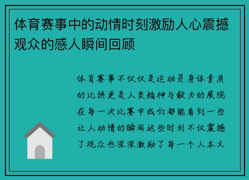 体育赛事中的动情时刻激励人心震撼观众的感人瞬间回顾