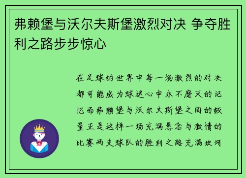 弗赖堡与沃尔夫斯堡激烈对决 争夺胜利之路步步惊心