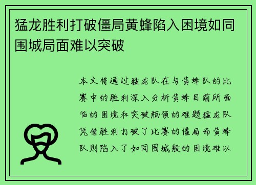 猛龙胜利打破僵局黄蜂陷入困境如同围城局面难以突破