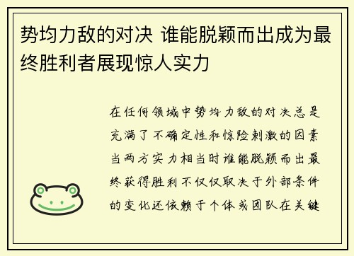 势均力敌的对决 谁能脱颖而出成为最终胜利者展现惊人实力
