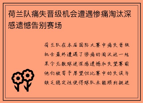 荷兰队痛失晋级机会遭遇惨痛淘汰深感遗憾告别赛场